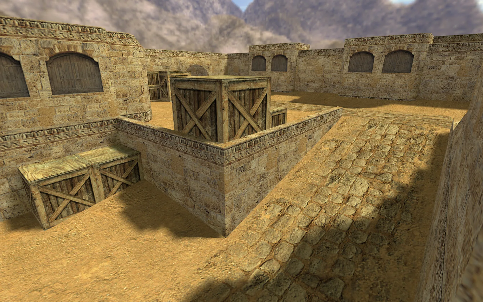 de_dust2 — Two bombsites linked by middle, long A and B tunnels. Learn crossfires before rushing a choke point.